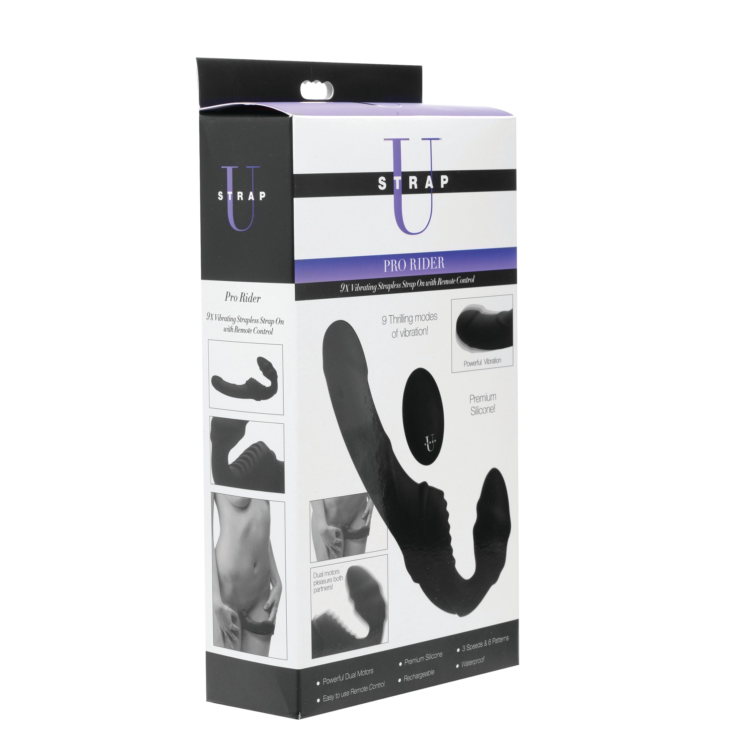 Pro Rider 9X Vibrating Silicone Strapless Strap On with Remote Control, featuring dual motors and textured design for enhanced pleasure.